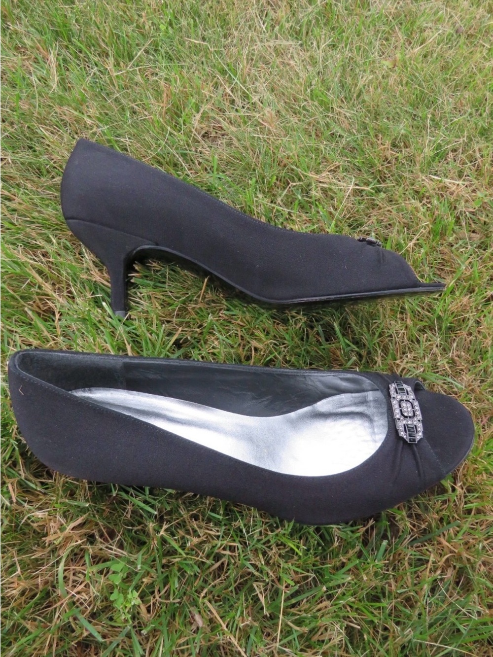 Stuart Weitzman Black Peep-Toe Kitten Heels with Jeweled Accent